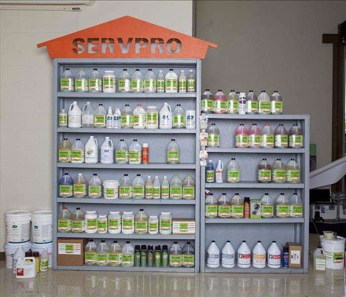 Shelf filled with SERVPRO cleaning products